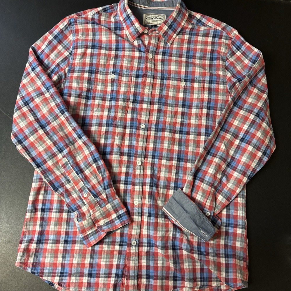 Flag & Anthem Men's Plaid Button Down Shirt Long‎ Sleeve Cotton Linen Blend